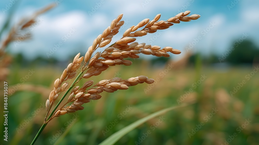 Naklejka premium Golden rice grains ripen on the stalk in a sunlit agricultural field during harvest season