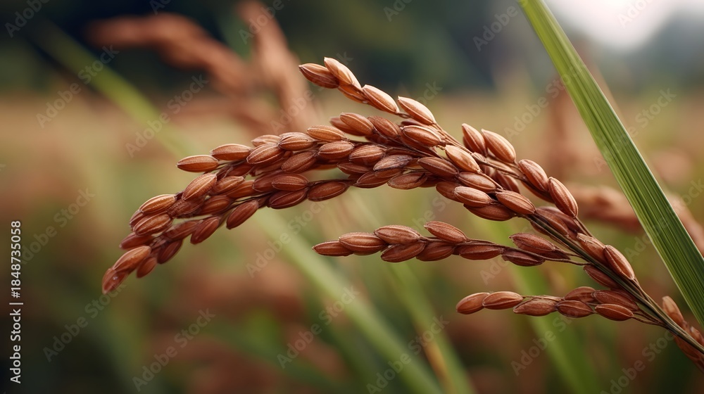 Naklejka premium Close up of a mature rice stalk with brown grains ready for harvest in a sunlit field