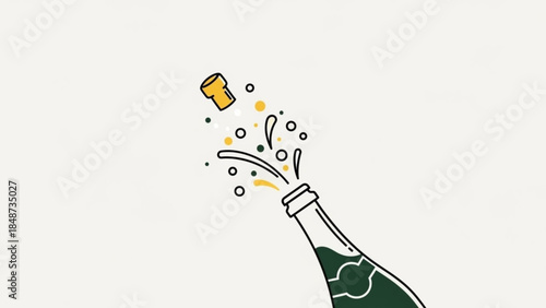 A green champagne bottle with cork popping off with splashes and bubbles on white background