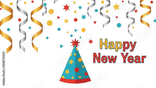 Vibrant new year's celebration background with colorful confetti, party hat, and ribbons on white