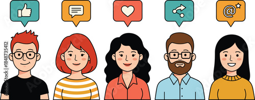 Social media communication illustration featuring diverse people with reaction icons, likes, comments, shares, and mentions representing online engagement and digital interaction