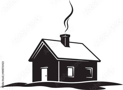 Black and white house with chimney and smoke