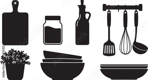 Kitchen utensils and cooking supplies silhouette set