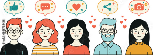 Social media engagement illustration showing diverse people receiving likes, comments, shares, and reactions, representing online community interaction and digital communication concepts