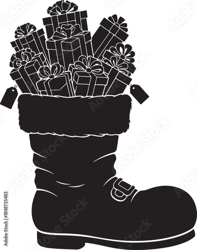 Black and white of a Christmas stocking overflowing with wrapped gifts and bows wrapped presents