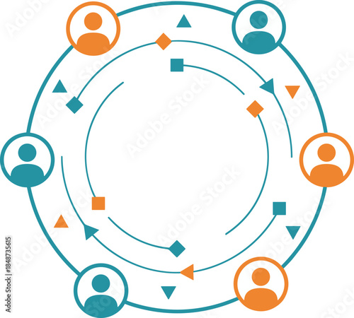 Circular team collaboration illustration showing connected people icons, workflow arrows, and continuous communication loop for modern business, networking, and teamwork concepts