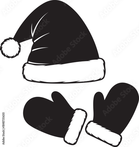 Black and white of Santa hat and mittens with white trim and pompom outline