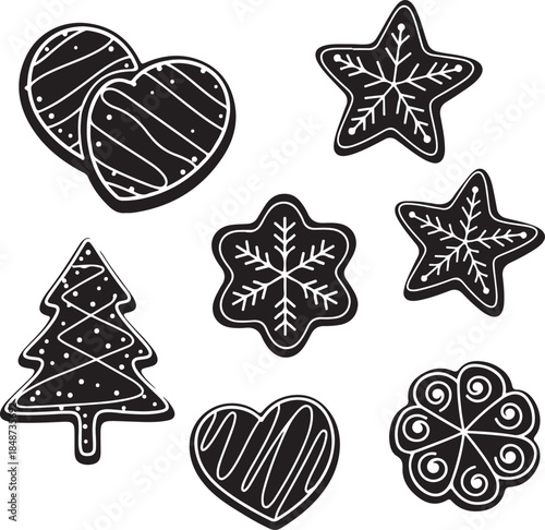 Black and white outline of holiday gingerbread cookies in various festive shapes