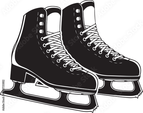 Pair of black ice skates with white laces and blades shown from the side black skates ice skate blades