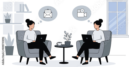 Minimal remote work illustration of two professionals using laptops at home, representing email communication, video conferencing, and modern digital collaboration