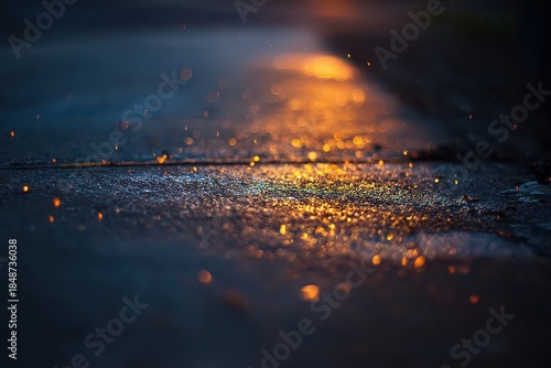 Golden Reflections on Wet Asphalt Road Surface at Dusk Creating Bokeh and Warm Lighting with Dark Background and Detailed Texture Creating a Cinematic Atmosphere