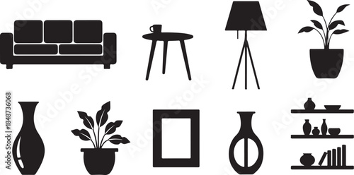 Black silhouette icons of home decor items