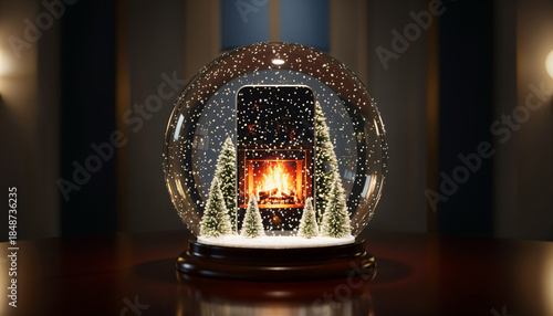 Smartphone inside snow globe with fire and trees on table at night during holiday season