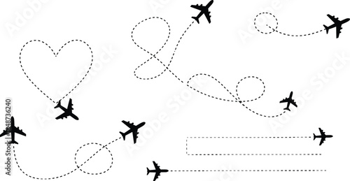 Airplane Flight Path Silhouette Set Featuring Dotted Line Routes Heart Shape Travel Destination Map Tracks Aviation Journey and Romantic Vacation Concepts