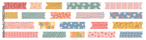 Washi tape stripes with squiggle, geometry and cute pattern. Trendy colored decorative scotch tape with torn ragged edges. Perfect for scrapbooking, collages, stickers