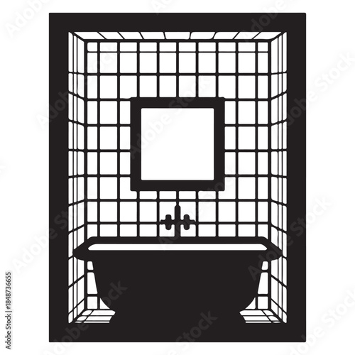  Minimalist black silhouette illustration of a bathtub and mirror in a tiled bathroom interior