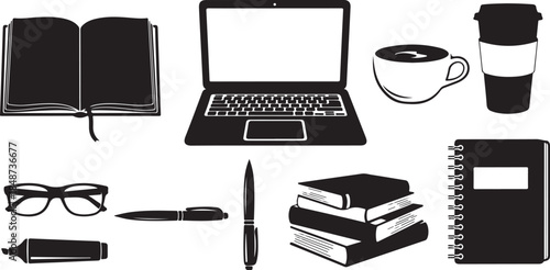 Study and work essentials black silhouette icons set
