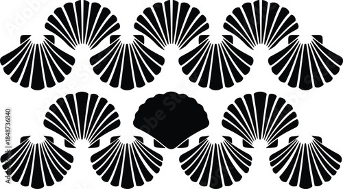Black and White Art Deco Scallop Shell Seamless Pattern, Vector Geometric Silhouette Background for Textile and Wallpaper Design.