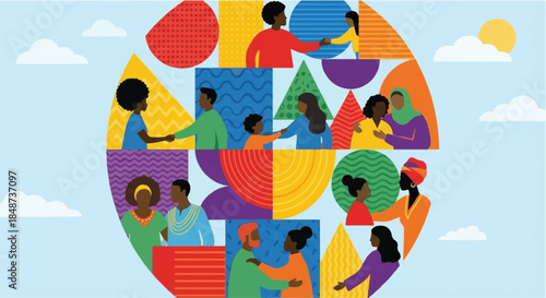 Diverse community of black people together in geometric circle. Abstract vector illustration of African American men and women connecting and hugging. Multiracial social unity and inclusion concept