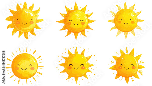 Six watercolor sun illustrations, smiling, each with a unique radiating pattern, isolated against a dark transparent background