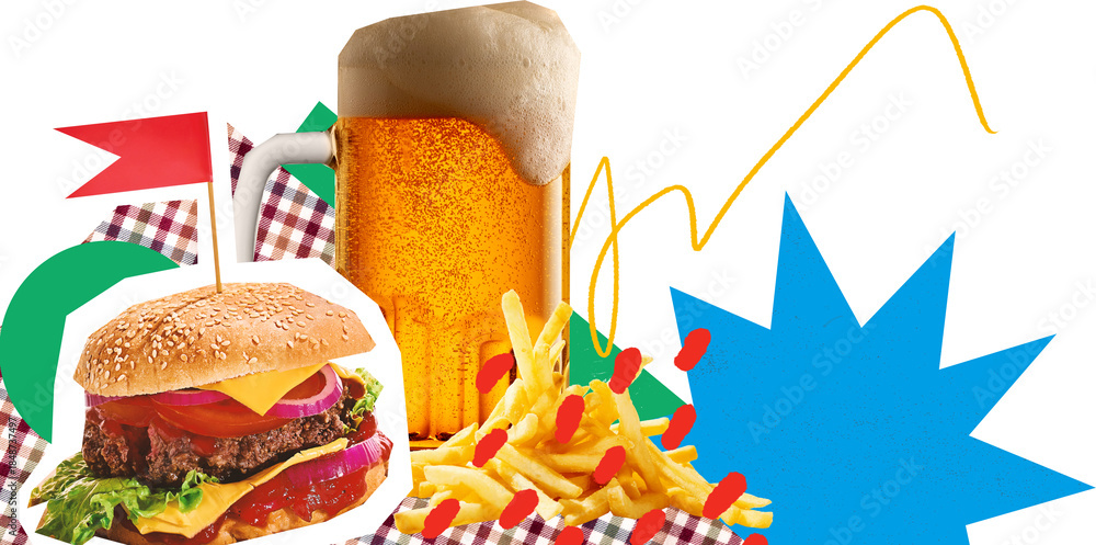 Obraz premium Bright artwork of beer glasses fries and burger on transparent background. Concept of fast food combos, pub meals, casual dining culture and food beverage advertising visuals.