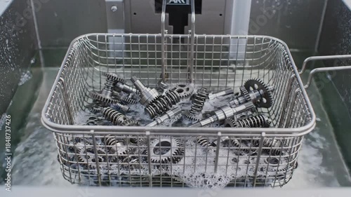 Industrial metal components being cleaned in a stainless steel ultrasonic bath with bubbling water and a metal mesh basket suspended from a machine in a bright factory setting