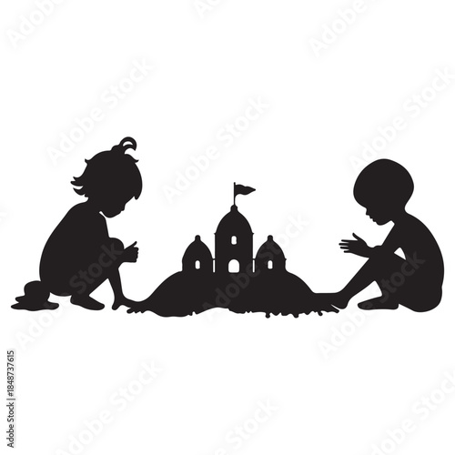  A silhouette illustration of two children playing on the beach and building a detailed sandcastle.