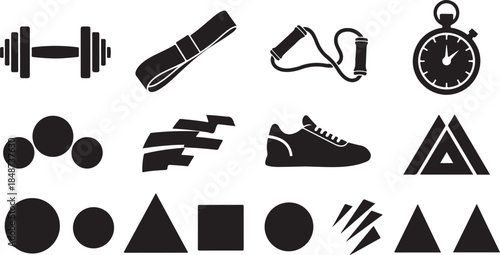 Fitness equipment and abstract shape icon set