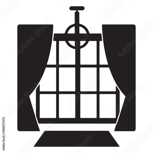  Classic window with open curtains and an elegant hanging light fixture icon