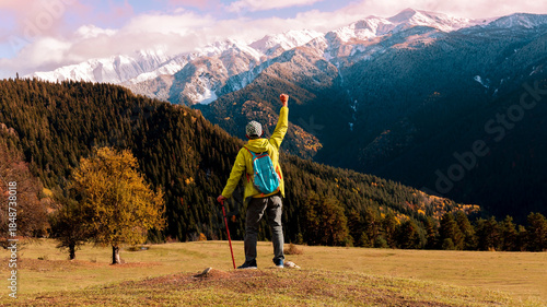 Quadro em tela Happy time with sucessful of young man on the top of mountain in Mestia Mountain