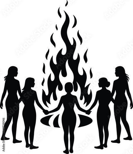Silhouette of people around fire, ritual gathering, unity, cultural ceremony, black vector design, spiritual tradition, community bonding, symbolic flames, night scene