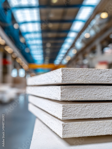 Stacked white fiber cement boards neatly arranged in a spacious warehouse with industrial lighting and high ceiling structure in the background