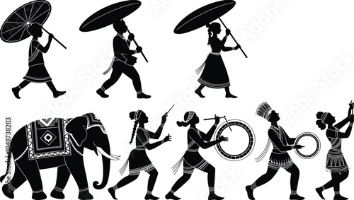 Traditional cultural procession silhouette with elephant, musicians, dancers, ceremonial umbrellas, festive attire, South Asian heritage, black vector art, ethnic celebration scene