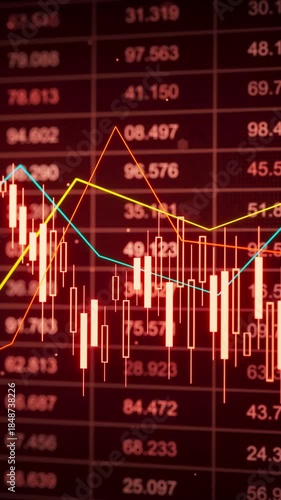 Looping 3D render of stock price candles over a dark red data board with moving line graphs, showing volatility, technical indicators, and investment analytics for business media.