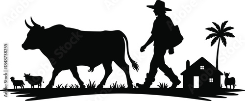 Rural farmer silhouette walking with ox, traditional village life scene, agriculture, livestock, countryside, farm house, palm tree, black vector illustration