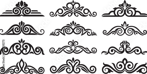 Twelve black ornate decorative scrollwork design elements
