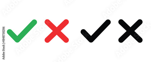 Check mark and cross icons set. Approved and rejected symbols in green red and black. Yes no confirmation elements for UI, apps, and websites. Vector illustration