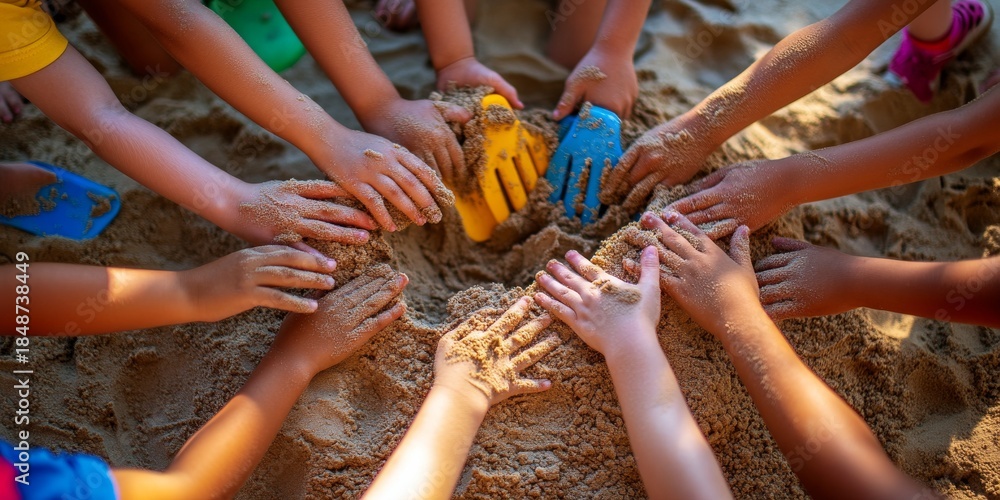 custom made wallpaper toronto digitalChildren building sandcastle together on beach, teamwork and fun