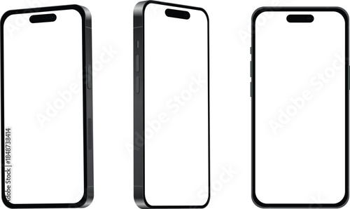Three modern smartphone mockups with blank white screens displayed from different angles on white