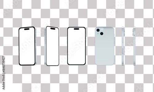 Mockup set of five modern smartphones displaying blank screens for app design presentation background