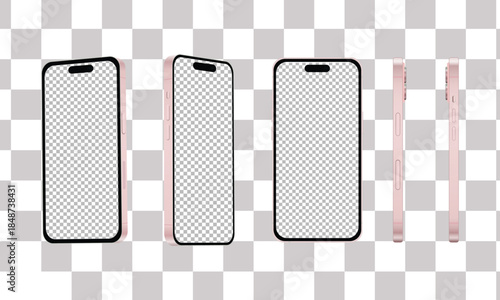 Collection of rose gold smartphone mockups showing front view side view and separate frame components
