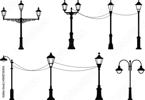 Vintage street lamp silhouettes vector set, classic urban lighting poles collection for city park road decoration isolated on white background