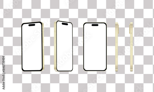 Multiple views of a modern smartphone mockup with blank white screen