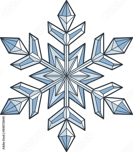 Intricate geometric snowflake with blue and white shading on transparent background for festive winter holiday decor