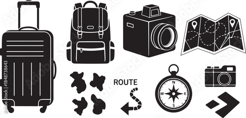 Travel gear icons for vacation planning and adventure