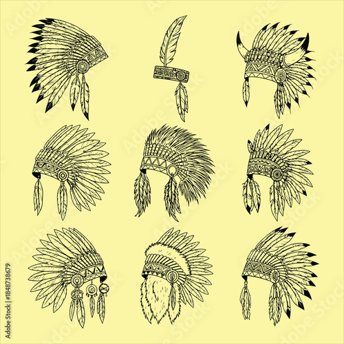 Native American headdresses in various styles and designs
