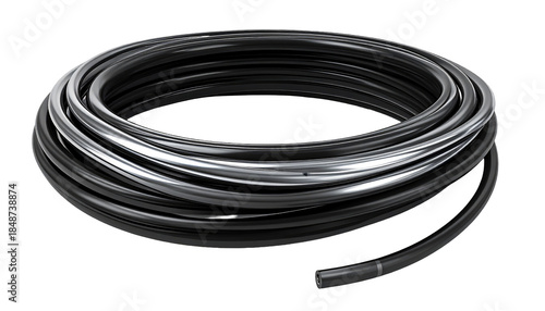 Rolled black, flexible tubing, neatly coiled on a dark background, featuring smooth, shiny surface reflections