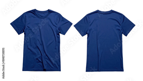 Front and back view of a plain dark blue T-shirt on a black background
