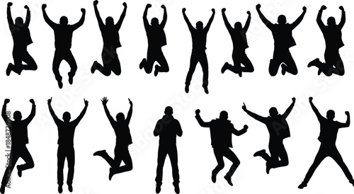 Black silhouette men jumping celebrating success isolated on white background, energetic male poses, victory emotion, active lifestyle concept illustration
