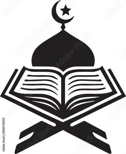 Black and white islamic icon featuring a quran and mosque dome